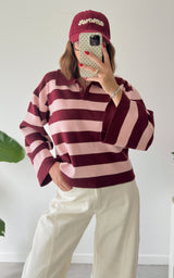 Pull polo rayé ERELL - bordeaux et rose
