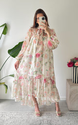 Robe longue fleurie RIOMAGGIORE - écru et rose