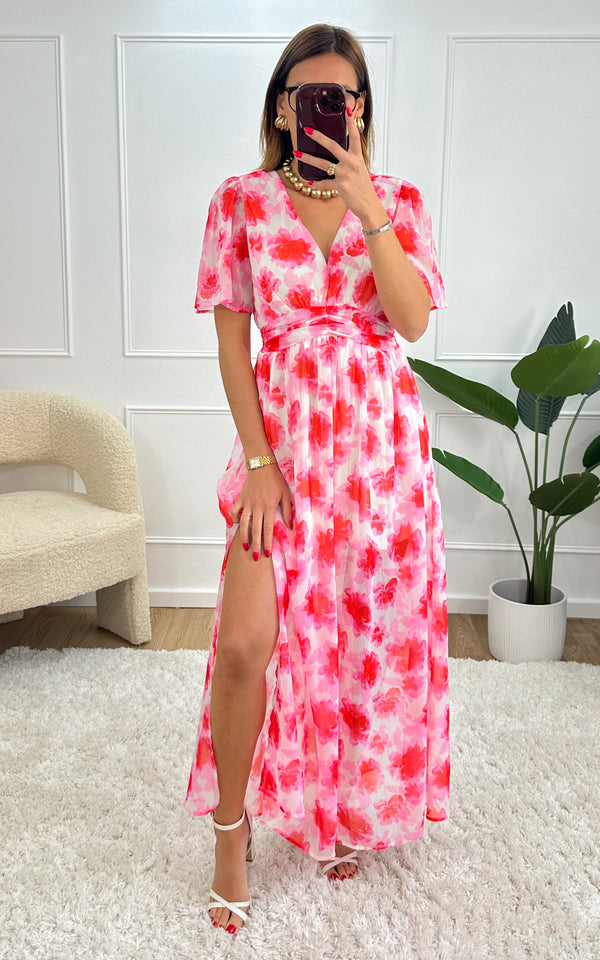 Robe longue SOREN - rose et blanc