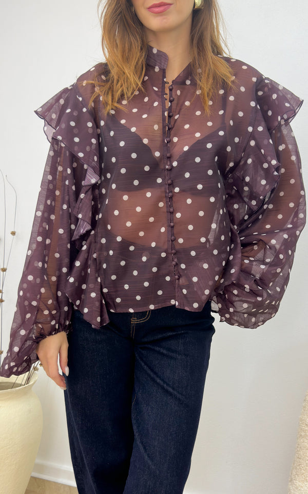 Blouse à pois NEO - aubergine et blanc
