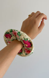Chouchou crochet TOLEDO - rose, vert et écru