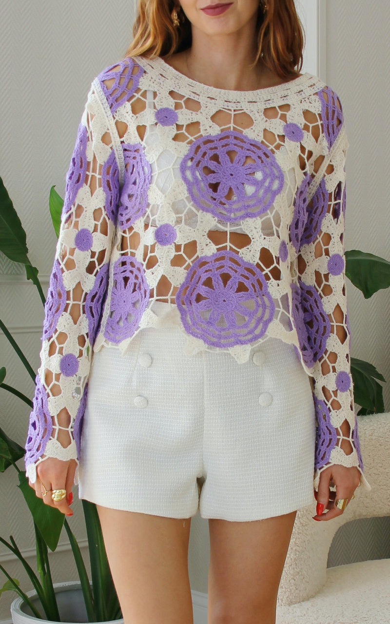 Top crochet fleuri beige et violet "Oleg"