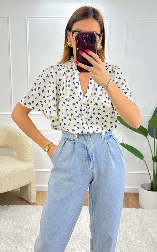 Blouse coeur ILANORA - bleu et blanc