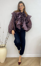 Blouse à pois NEO - aubergine et blanc