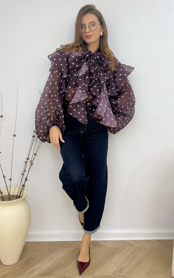 Blouse à pois NEO - aubergine et blanc