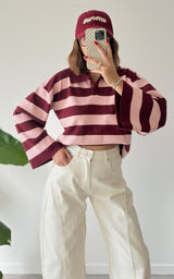 Pull polo rayé ERELL - bordeaux et rose