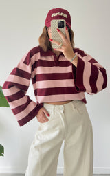 Pull polo rayé ERELL - bordeaux et rose
