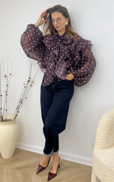 Blouse à pois NEO - aubergine et blanc