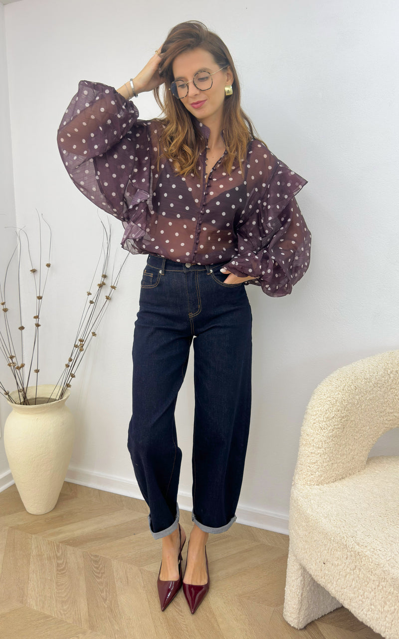 Blouse à pois NEO - aubergine et blanc