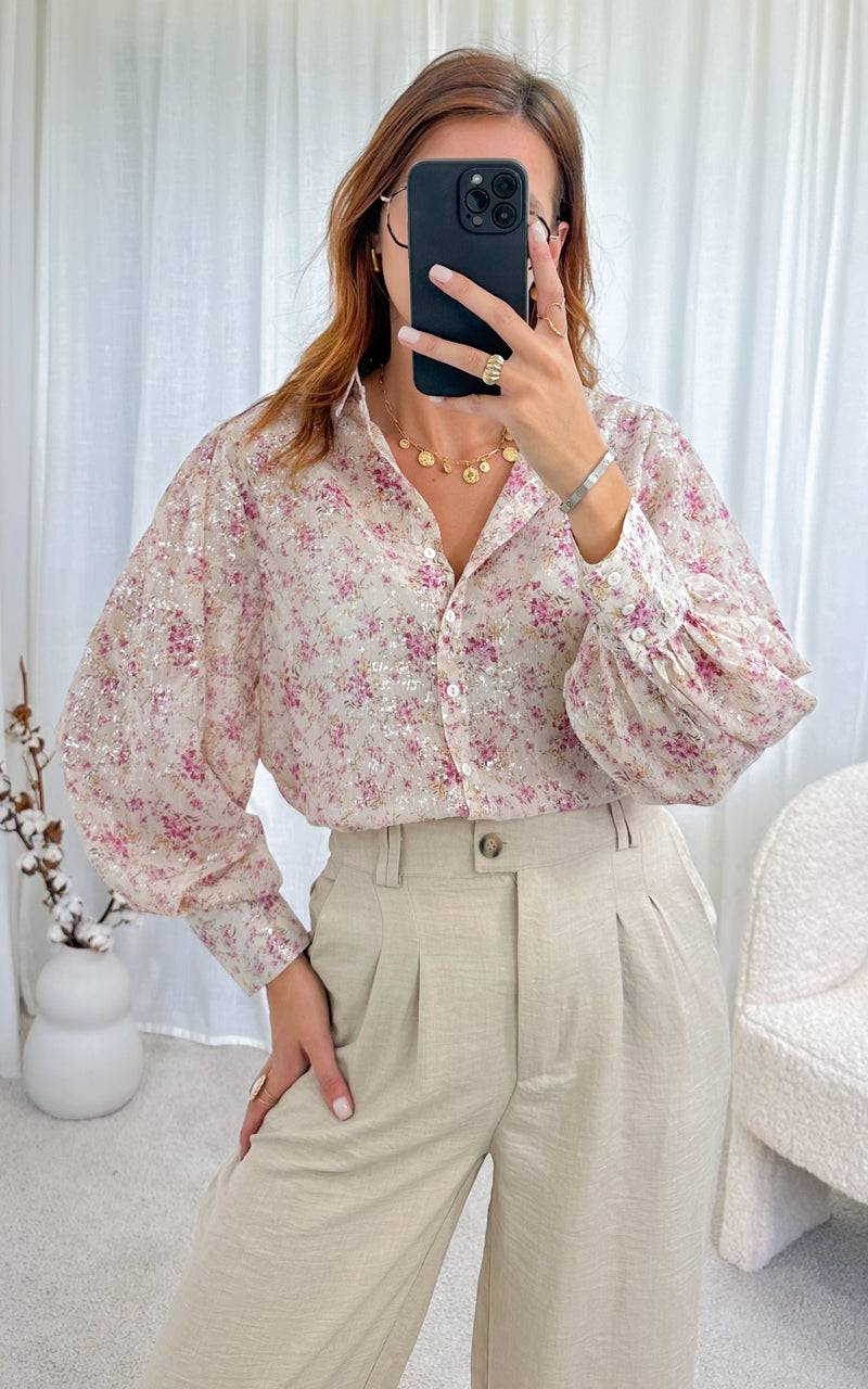 Chemise fleurie beige et rose CRISTINA