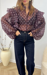 Blouse à pois NEO - aubergine et blanc