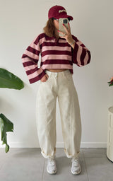 Pull polo rayé ERELL - bordeaux et rose