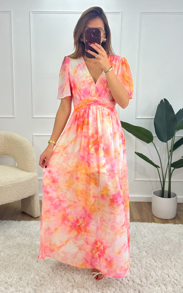 Robe longue AZIEL - orange et rose