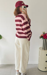 Pull polo rayé ERELL - bordeaux et rose
