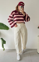 Pull polo rayé ERELL - bordeaux et rose