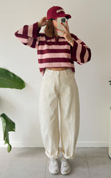 Pull polo rayé ERELL - bordeaux et rose