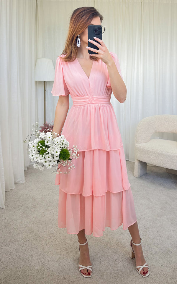 Robe longue rose à volants AURELIA