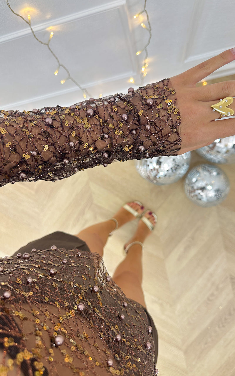 Top strass et perles DREAMY DECEMBER - marron