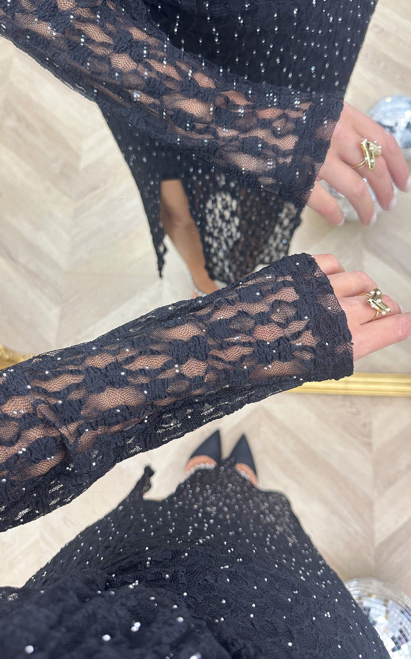 Robe longue dentelle et strass FOLIE DE MINUIT - noir