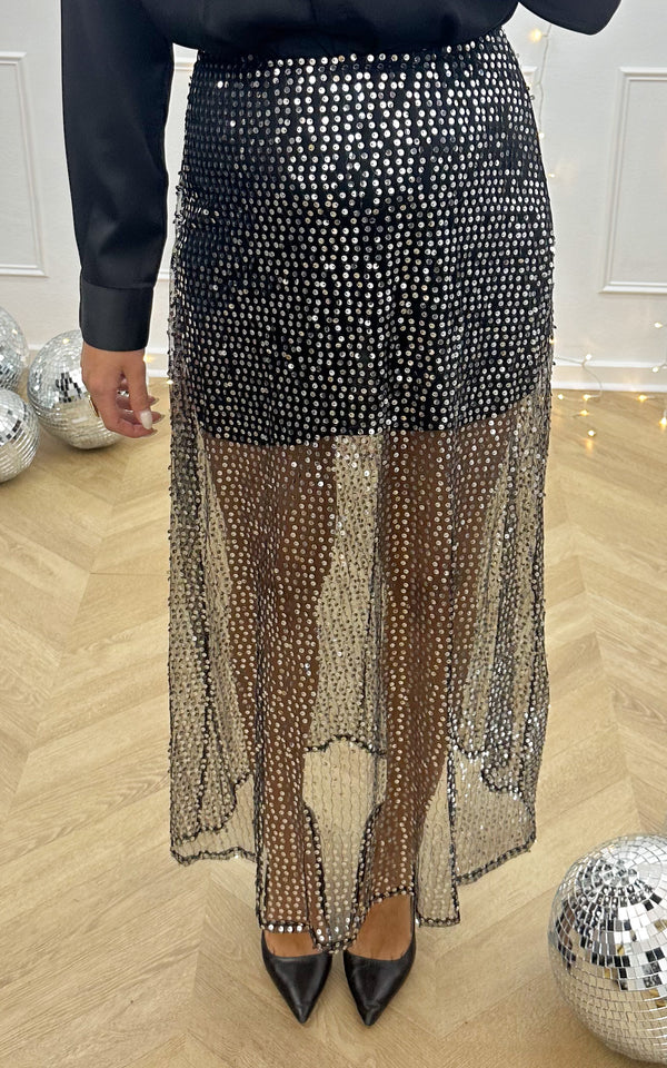 Jupe longue sequins NUIT SCINTILLANTE - noir et argenté