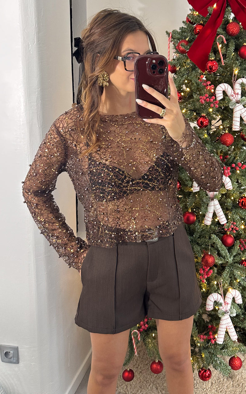Top strass et perles DREAMY DECEMBER - marron