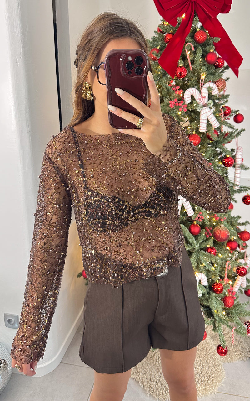 Top strass et perles DREAMY DECEMBER - marron