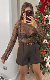 Top strass et perles DREAMY DECEMBER - marron