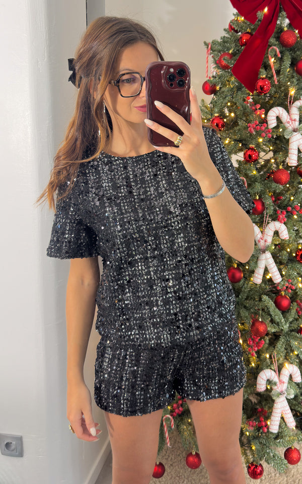 T-shirt tweed et sequins DECEMBER CRUSH - noir