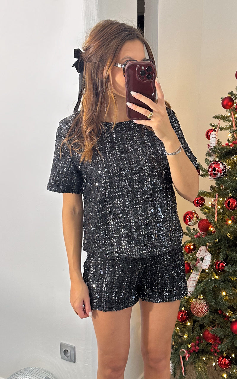 T-shirt tweed et sequins DECEMBER CRUSH - noir