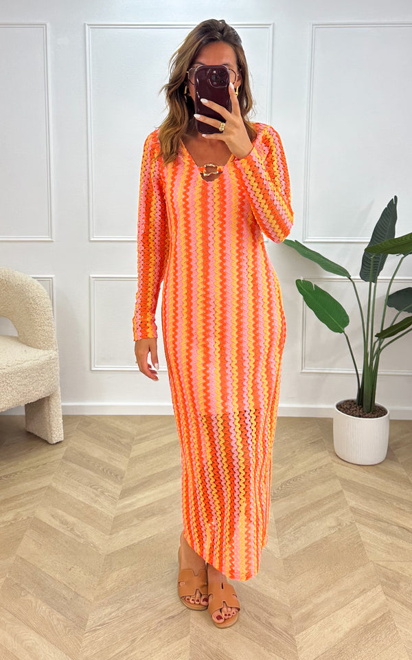 Robe crochet ELEINA - orange et rose