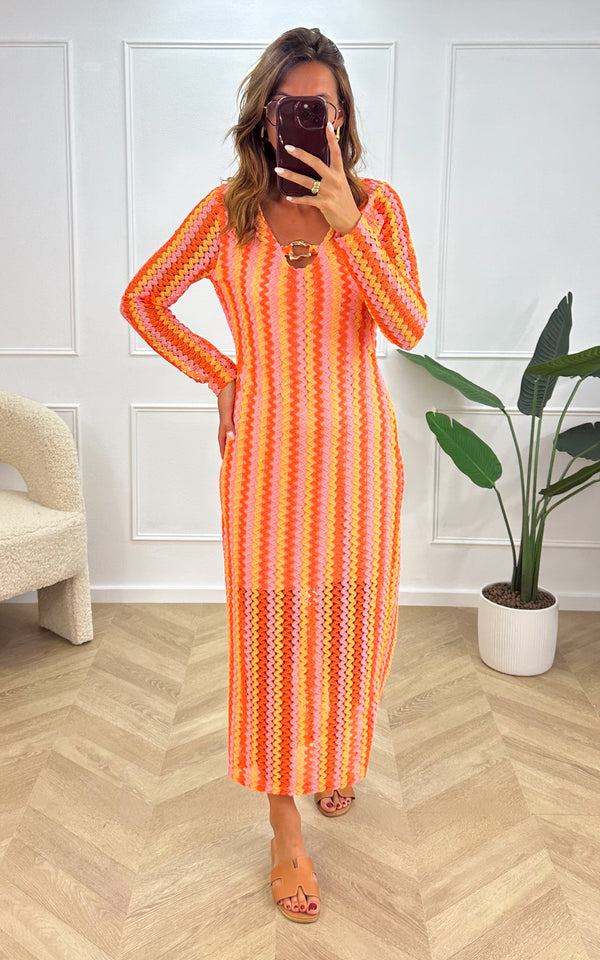 Robe crochet ELEINA - orange et rose