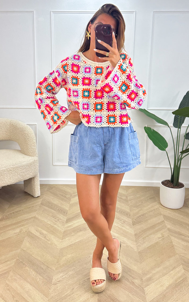 Top crochet ADRIEL - blanc, orange et bleu