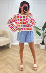 Top crochet ADRIEL - blanc, orange et bleu