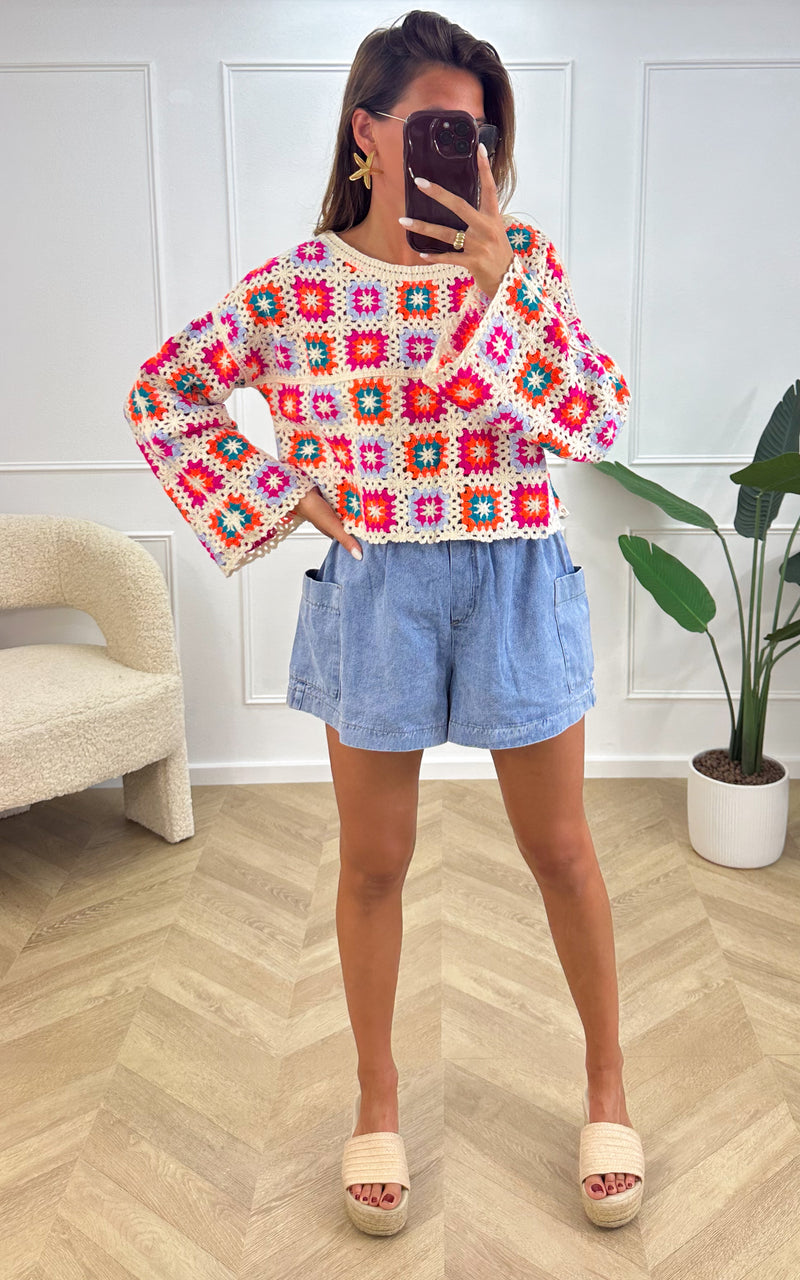 Top crochet ADRIEL - blanc, orange et bleu