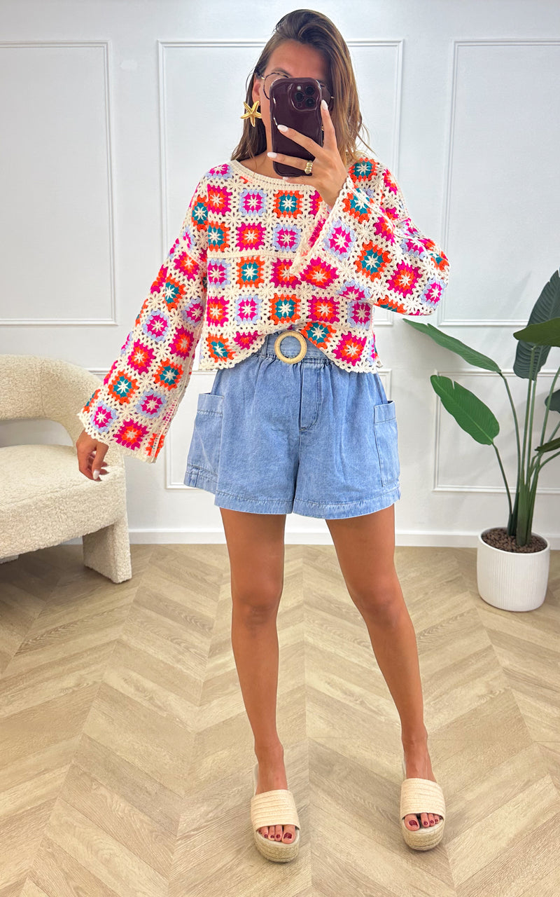 Top crochet ADRIEL - blanc, orange et bleu