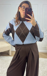 Pull carreaux ARIE - bleu et chocolat