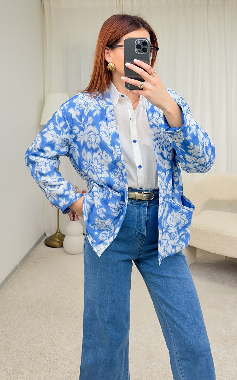 Veste fleurie bleue et blanche DOROTHEE