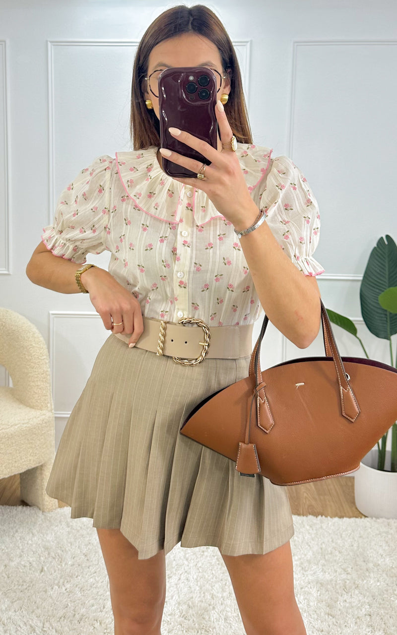 Chemise col Claudine ADA - écru et rose