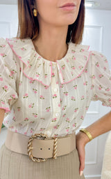 Chemise col Claudine ADA - écru et rose