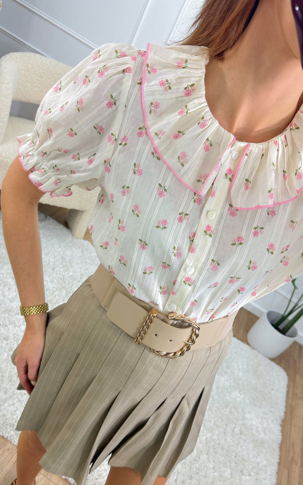 Chemise col Claudine ADA - écru et rose