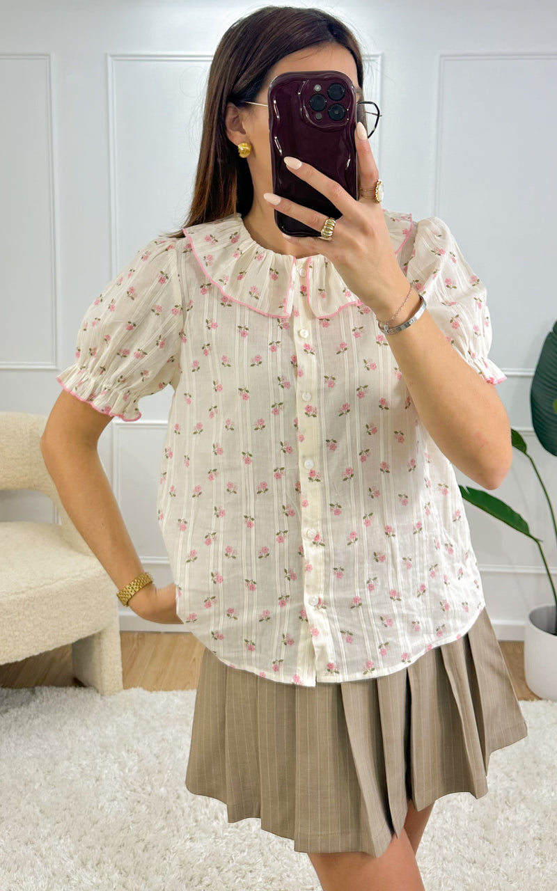 Chemise col Claudine ADA - écru et rose