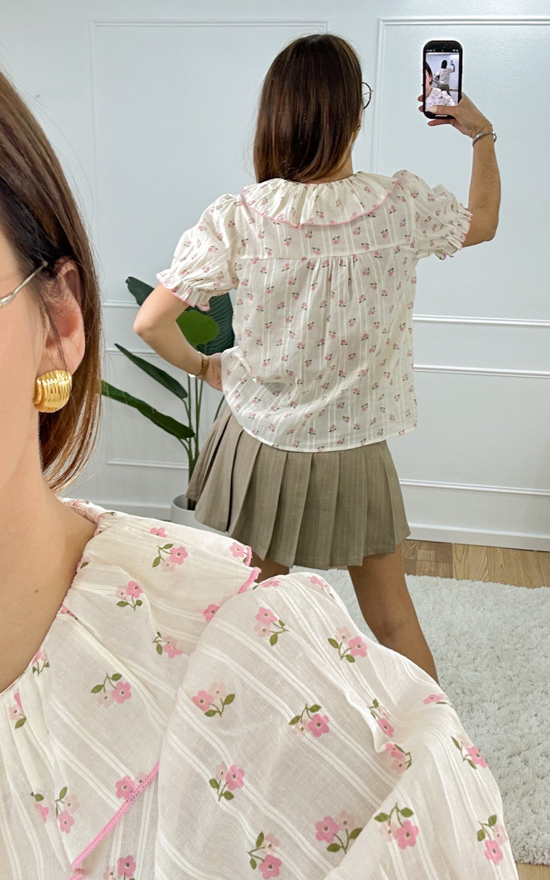 Chemise col Claudine ADA - écru et rose