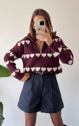 Pull coeurs CELIE - bordeaux et blanc