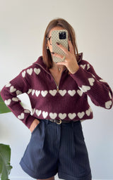 Pull coeurs CELIE - bordeaux et blanc