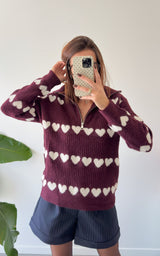 Pull coeurs CELIE - bordeaux et blanc