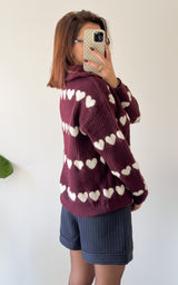 Pull coeurs CELIE - bordeaux et blanc