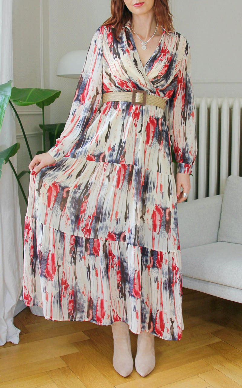 Robe longue à motifs beige "Rebecca"